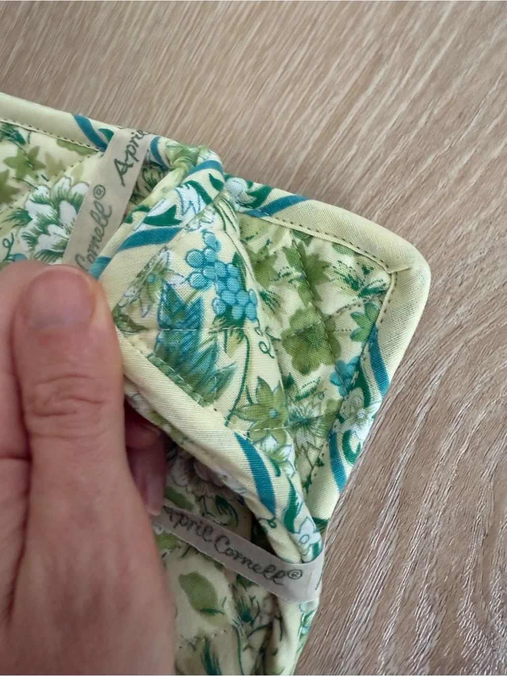 April Cornell yellow blue green floral quilted pot holders set of 3